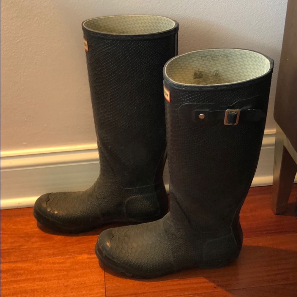 Hunter black snakeskin tall rain boots